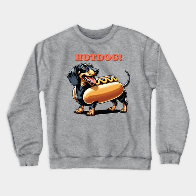 Wiener Dog Hotdog | Long Dachshund Black & Tan Dog in Bun Suit | Sausage Dog Crewneck Sweatshirt by BraaiNinja